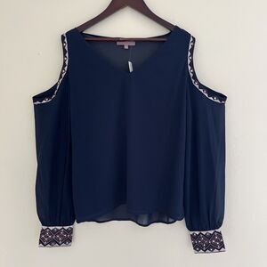 NWT Harper Open Shoulder Aztec Bejeweled Geo Multi Embroidered Blouse, Navy- Med